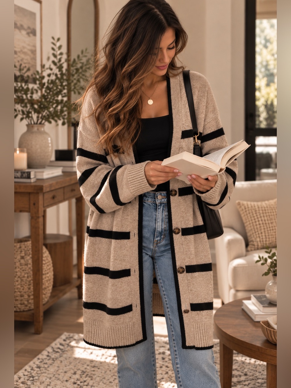 NWT Primark Beige and Black Striped Open-Front Cardigan